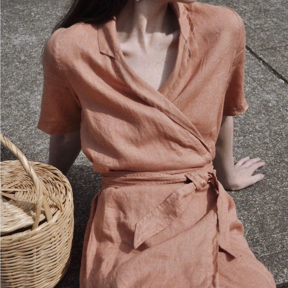 Rachael Harrah linen wrap dress in rust (a dusty rose)